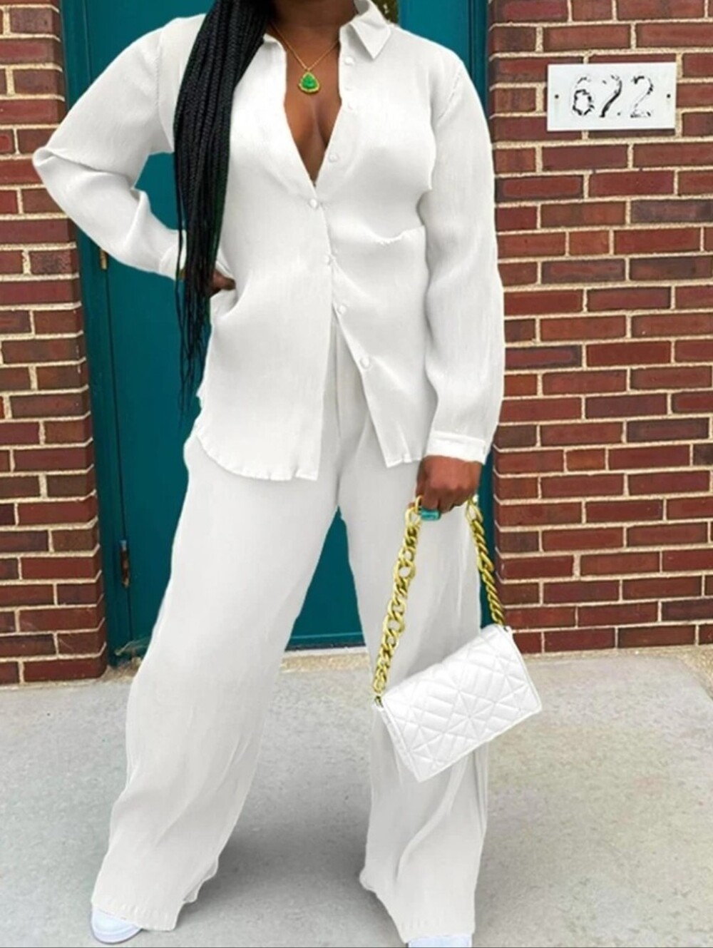 NWOT- White Two-Piece Shirt & Wide-Leg Pant Set